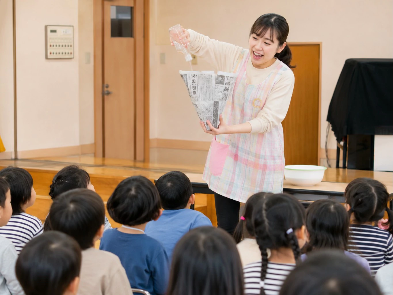 保育園のお楽しみ会でマジックショーを披露する様子