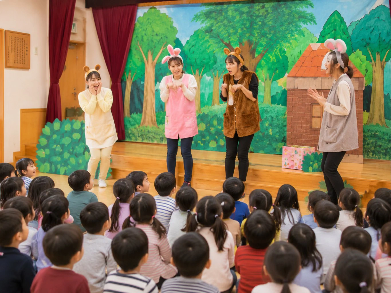 保育園のお楽しみ会で人形劇を演じる様子