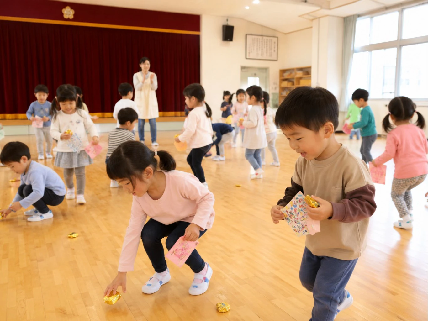 保育園のお楽しみ会で宝探しゲームを楽しむ園児たち