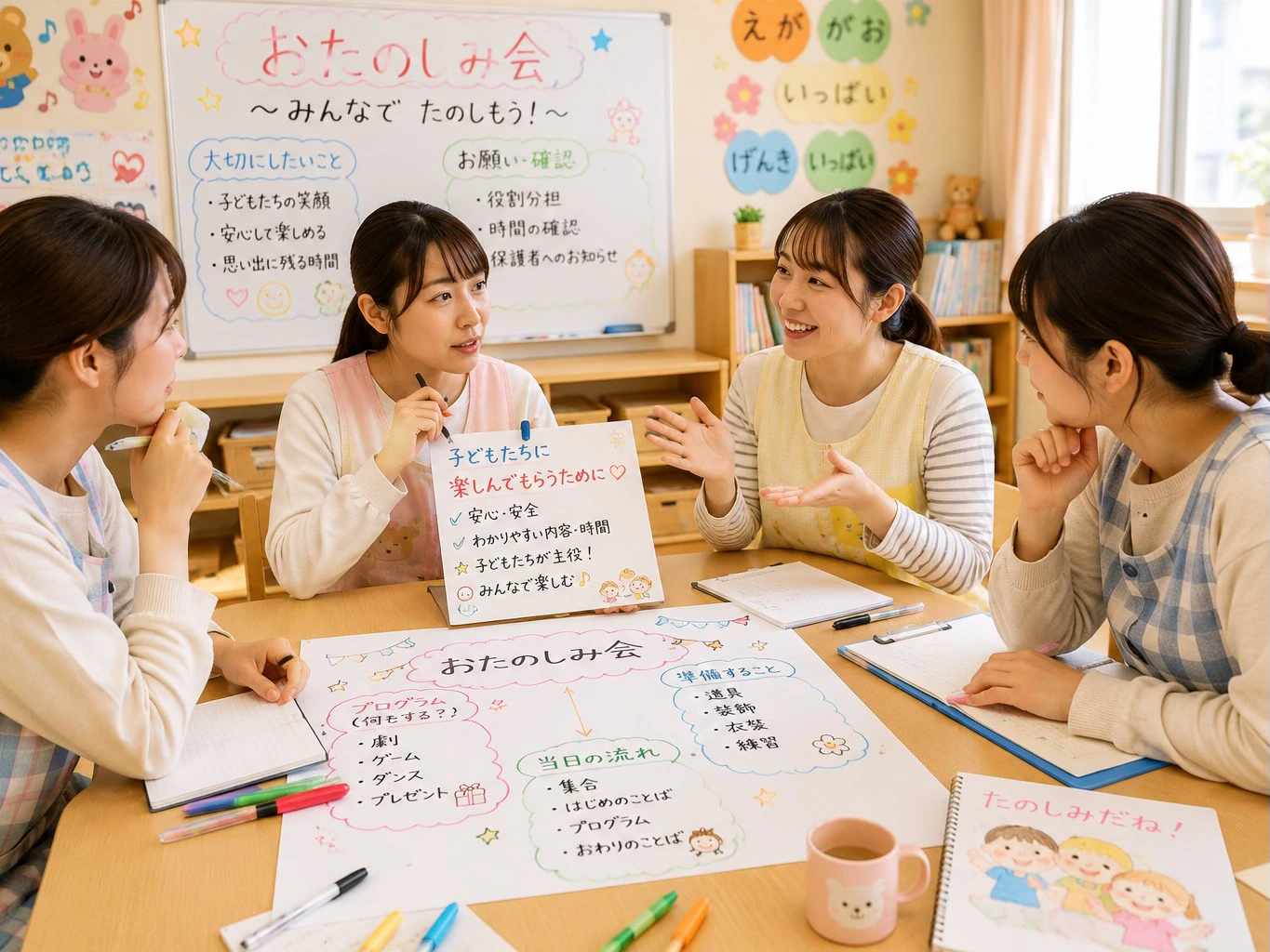 保育園のお楽しみ会の内容を話し合う先生たち