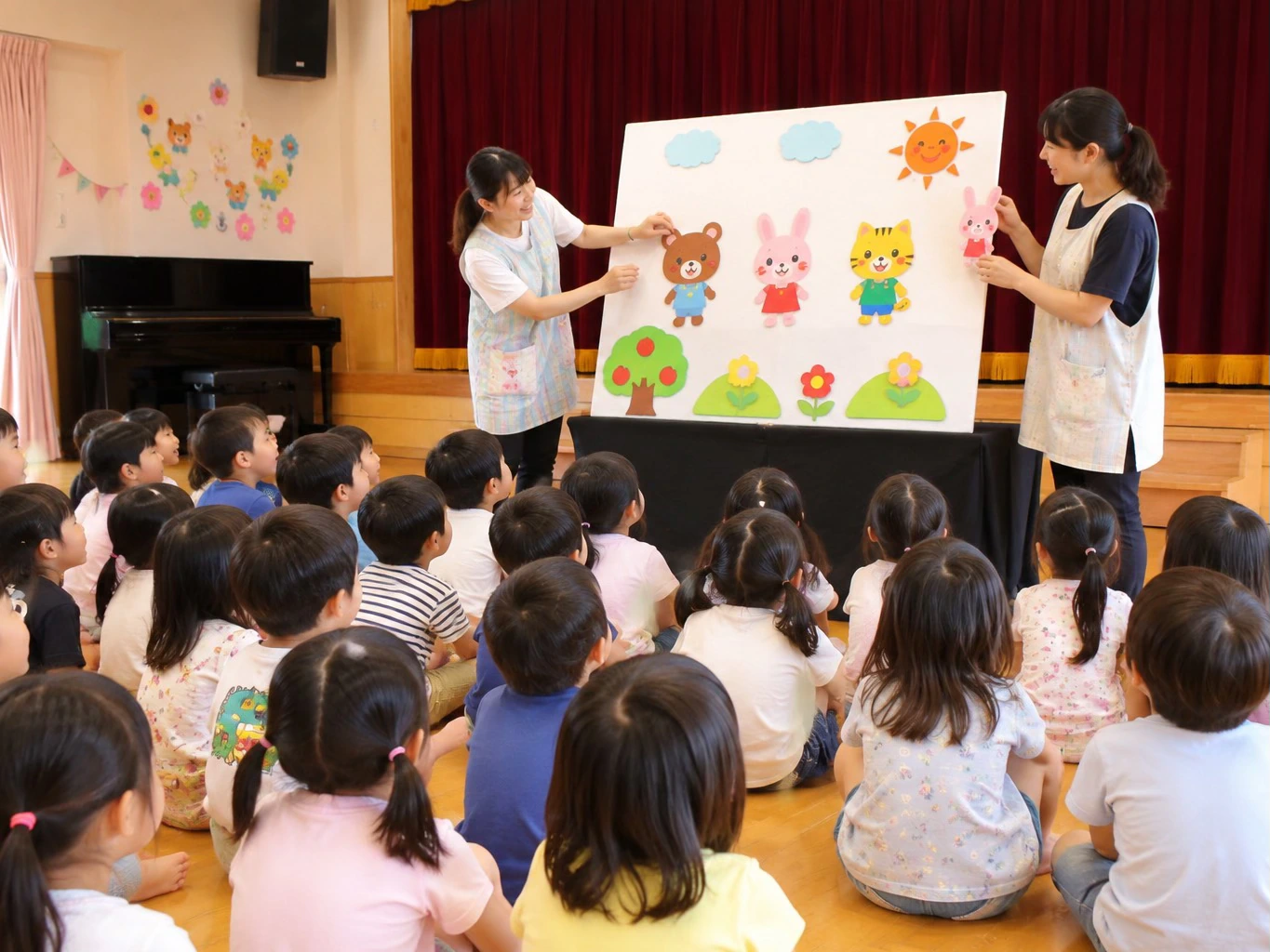 保育園のお楽しみ会でパネルシアターを演じる先生たち