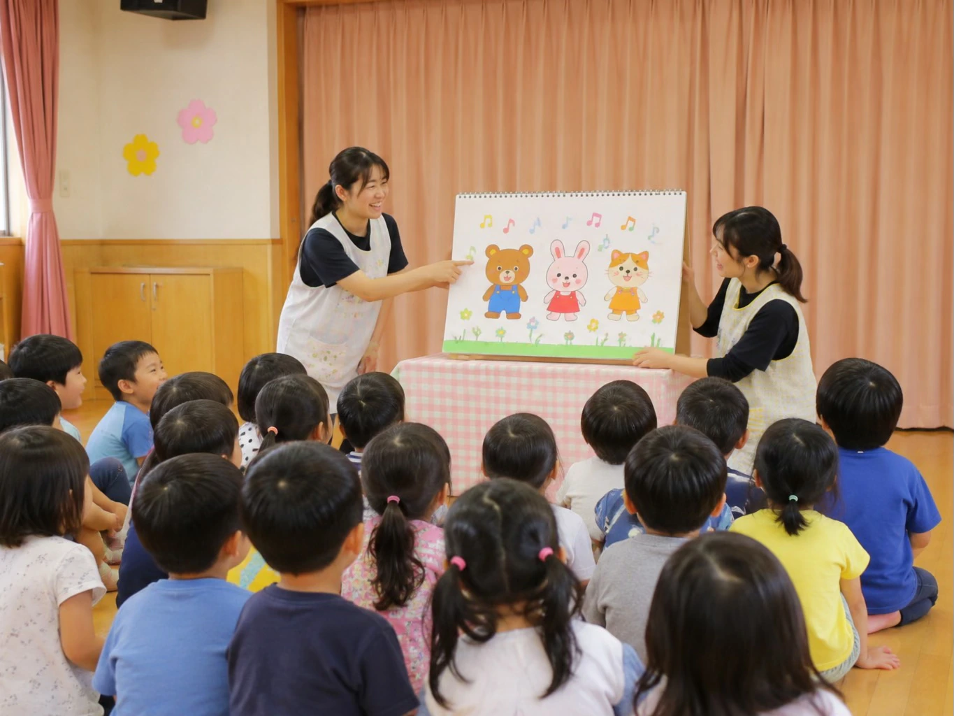 保育園のお楽しみ会でスケッチブックシアターを演じる様子