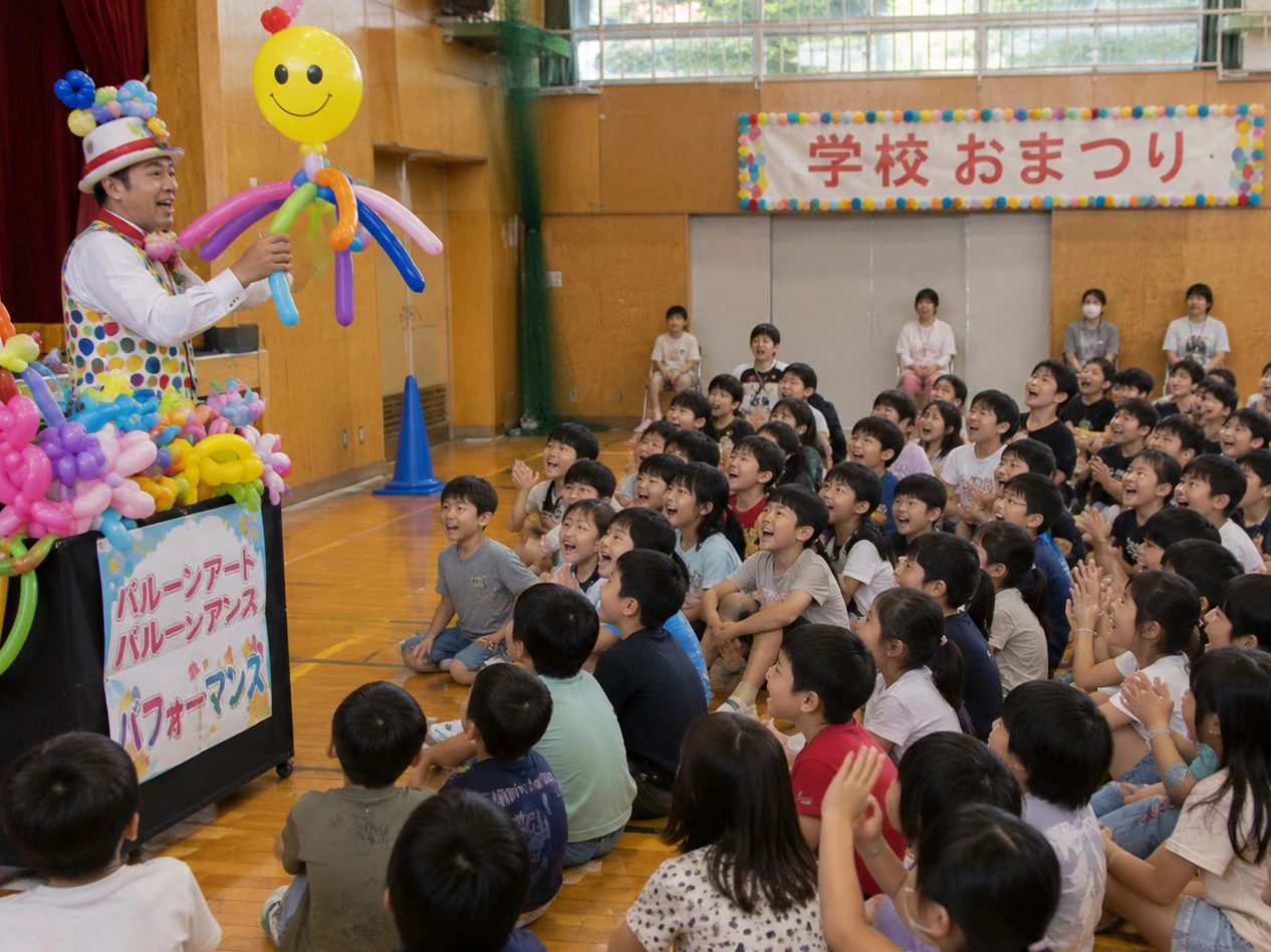 体育館でバルーンアートショーを楽しむ子どもたち