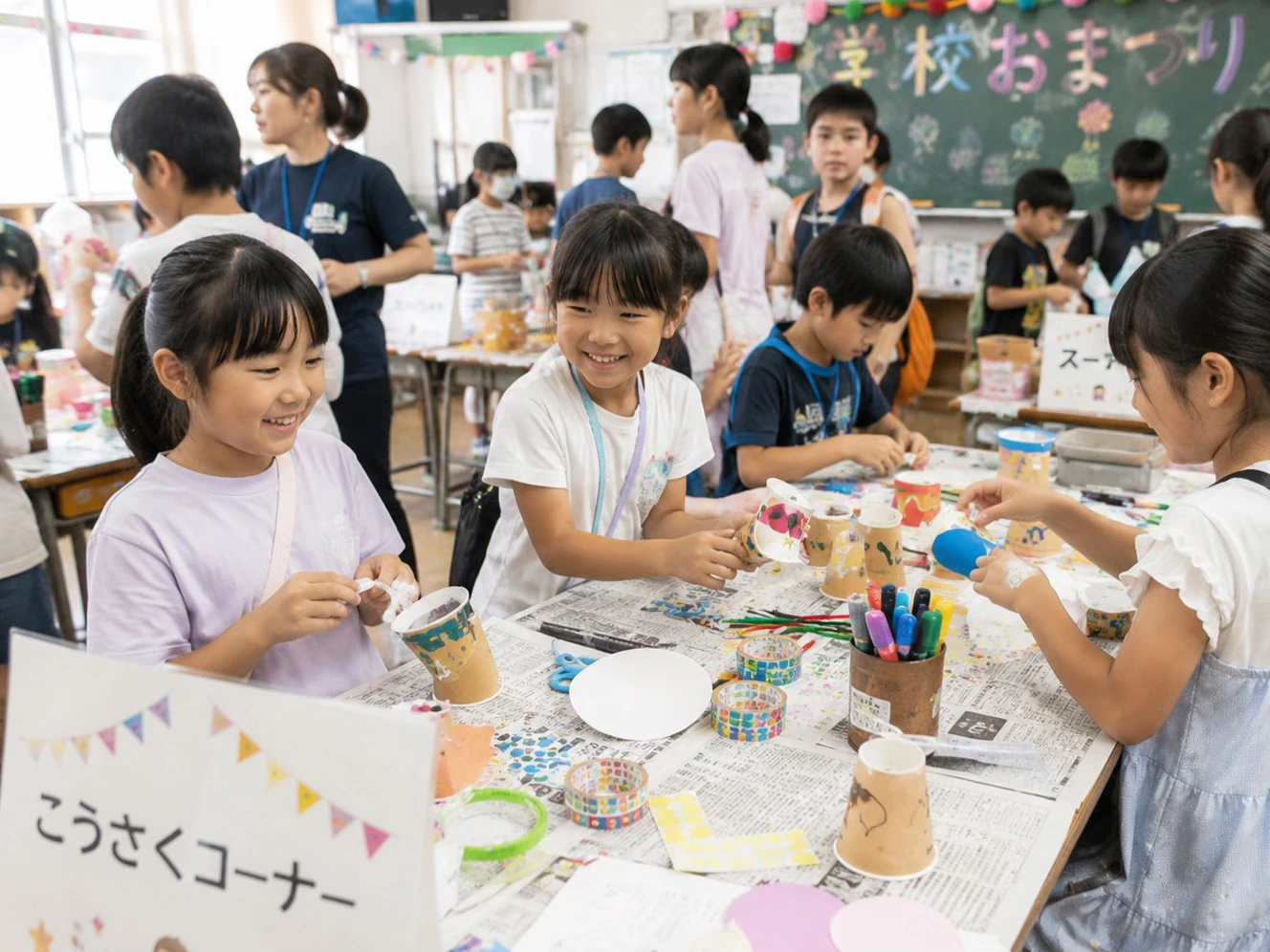 小学校のお祭りの工作コーナーで作品を作る子どもたち