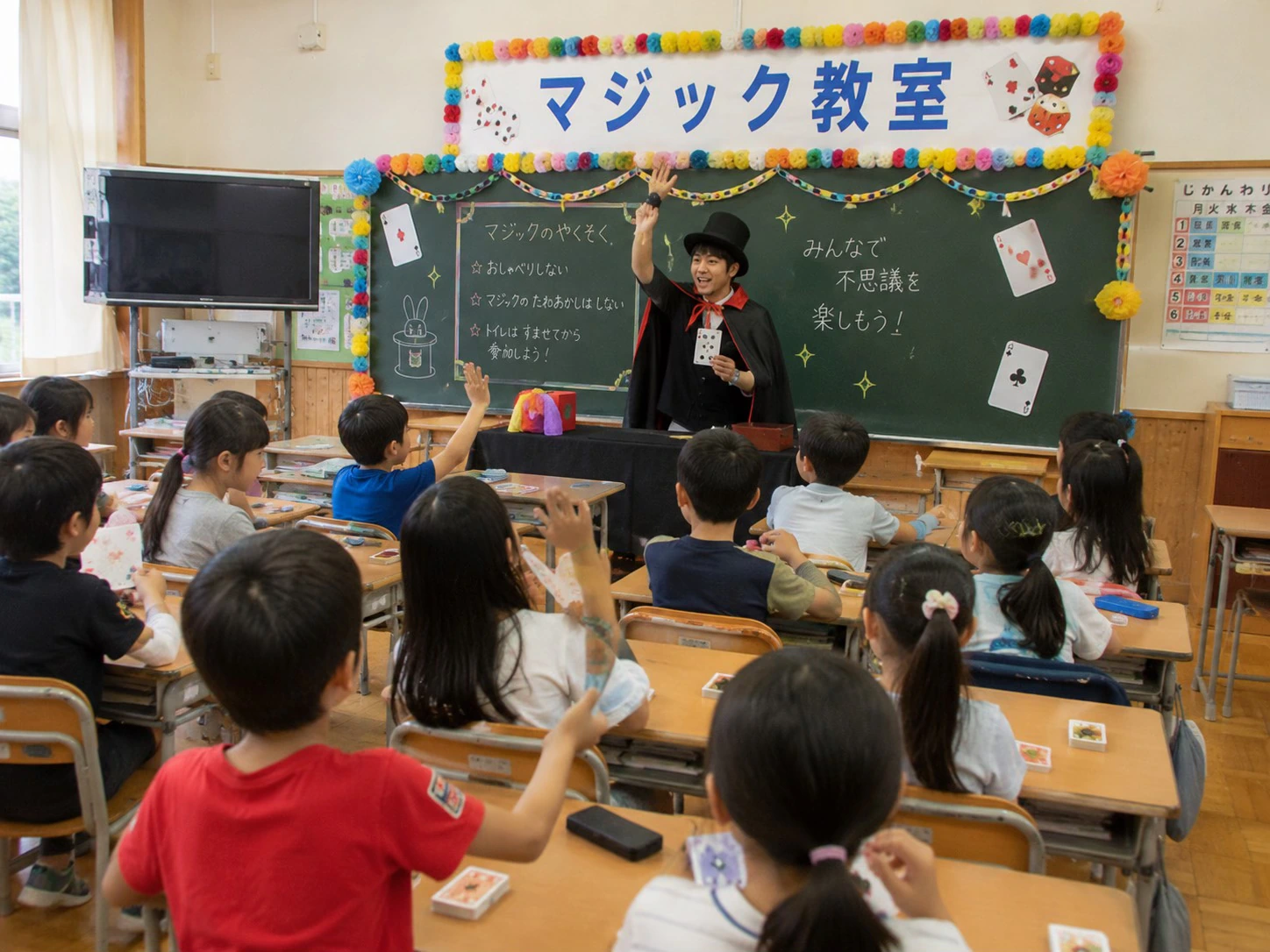 教室でマジック教室に参加する子どもたち