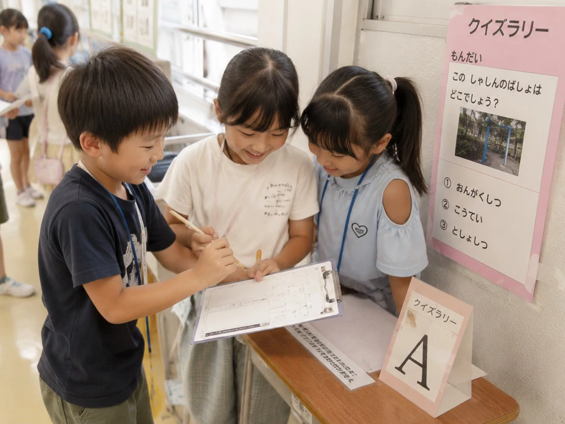 校内のクイズラリーに挑戦する子どもたち