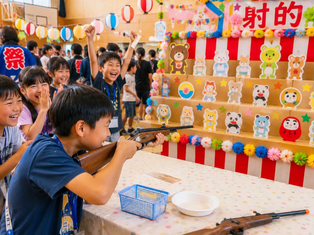 小学校のお祭りで射的を楽しむ子どもたち