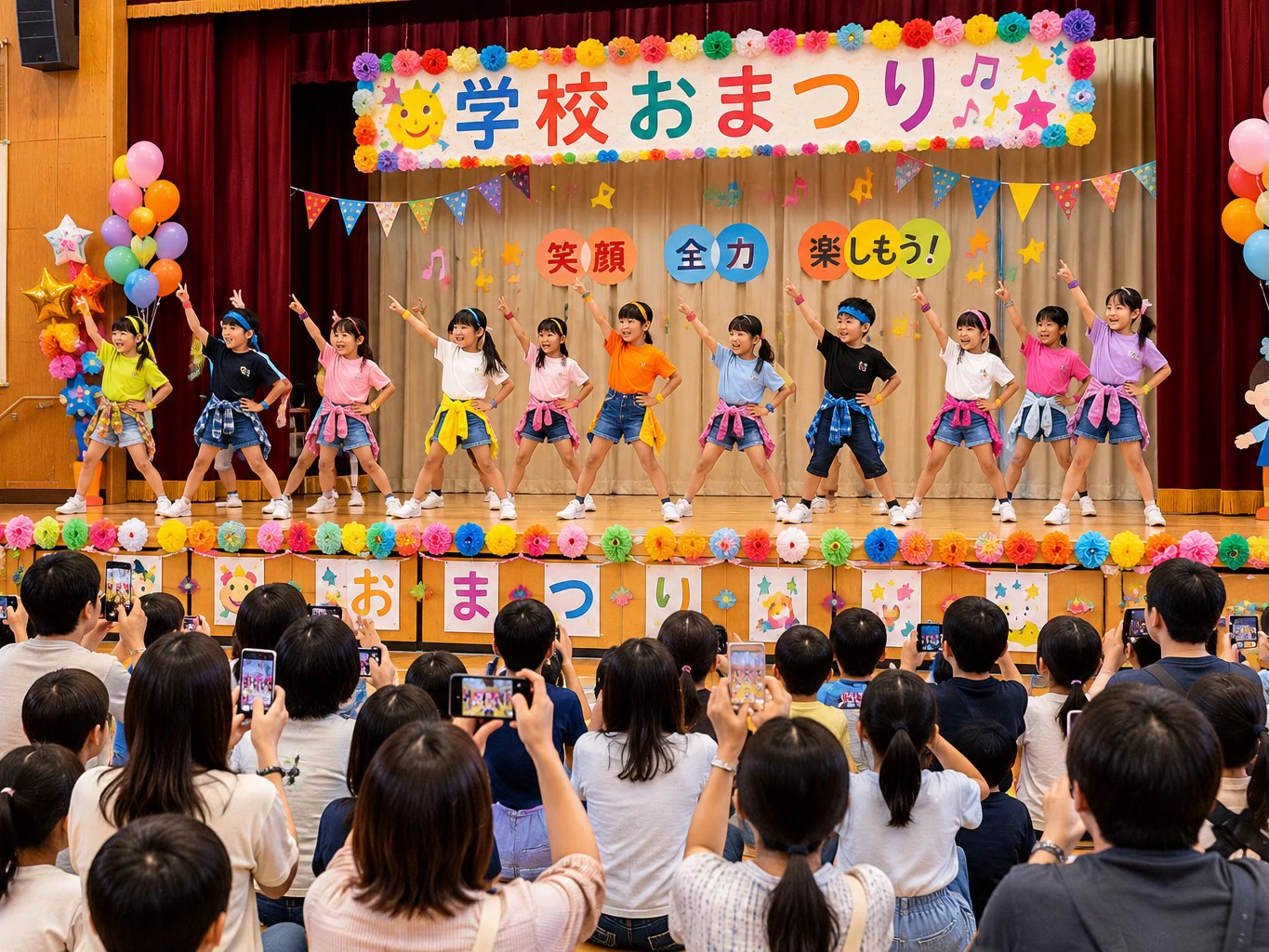 小学校のお祭りのステージでダンスを発表する子どもたち