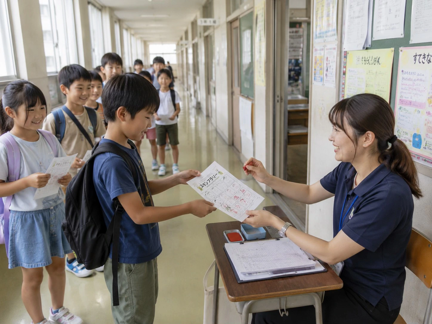 校内のスタンプラリーに参加する子どもたち