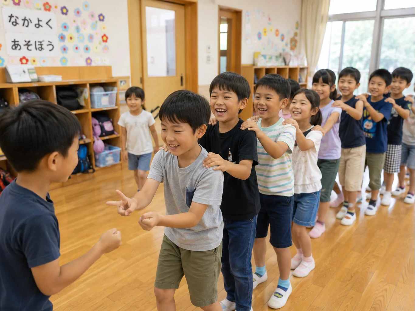 学童でじゃんけん列車をする子どもたちのイメージ