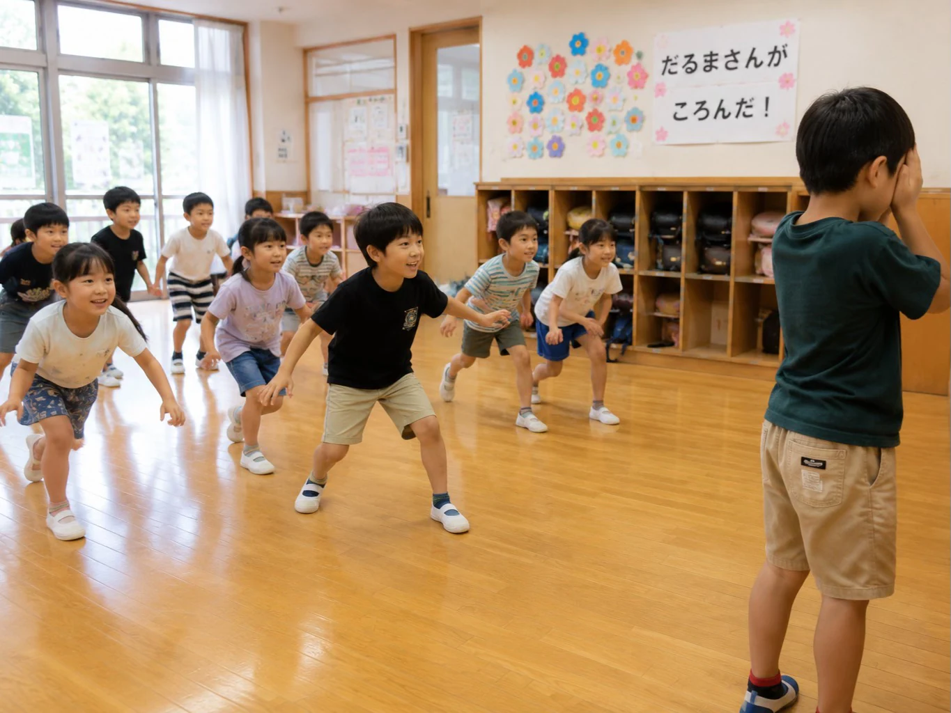 学童でだるまさんが転んだをする子どもたちのイメージ