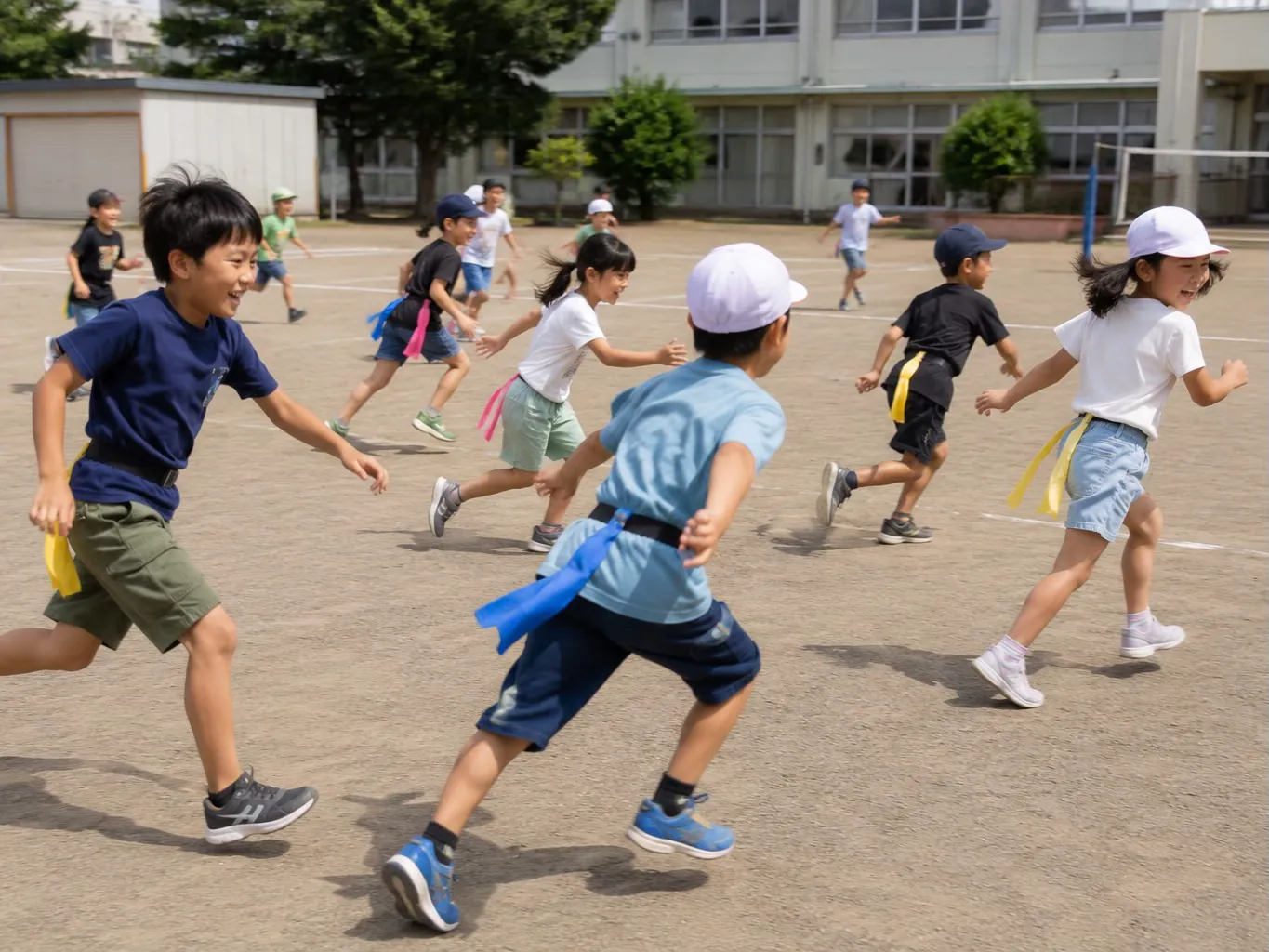 学童でしっぽ取りをする子どもたちのイメージ