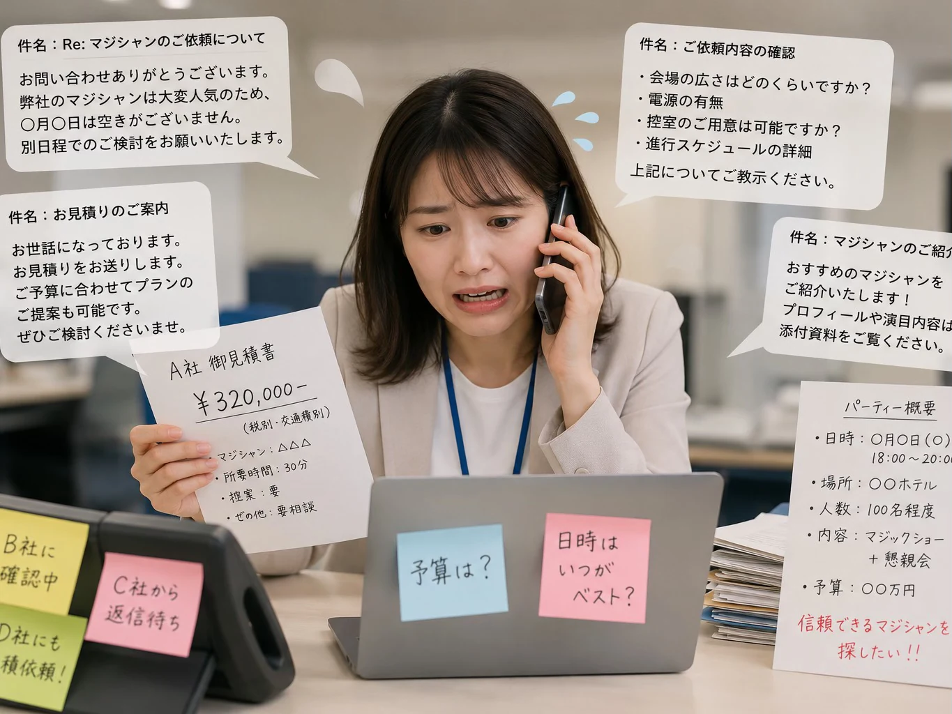 出張マジックショーの見積もり条件を確認する担当者のイメージ