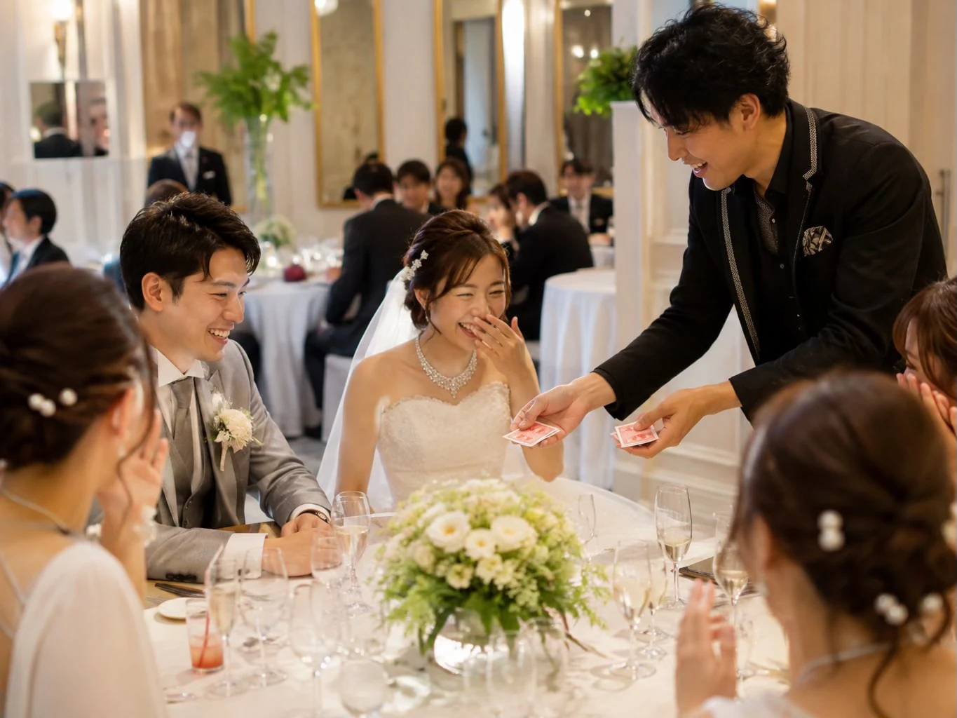 結婚式の披露宴でテーブルマジックを楽しむ新郎新婦とゲスト