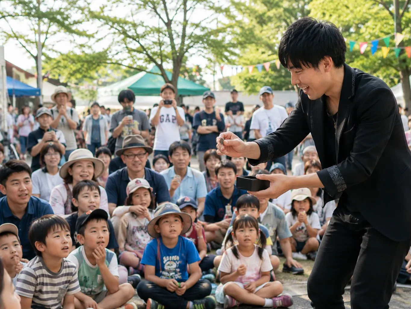 屋外イベントでマジックを楽しむ子どもと参加者