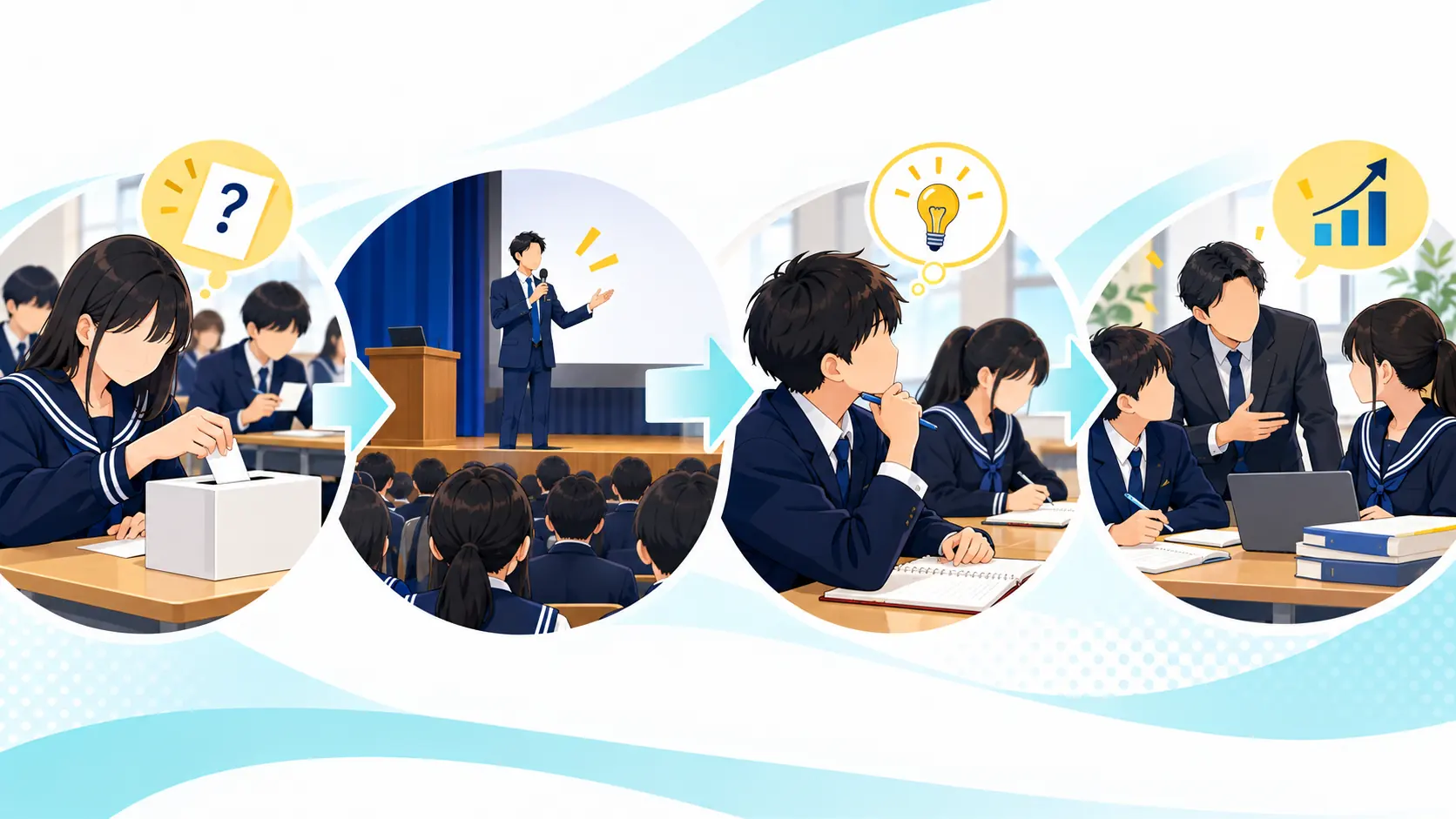 事前質問、講演、振り返り、次の進路学習を四つの場面で示すイラスト