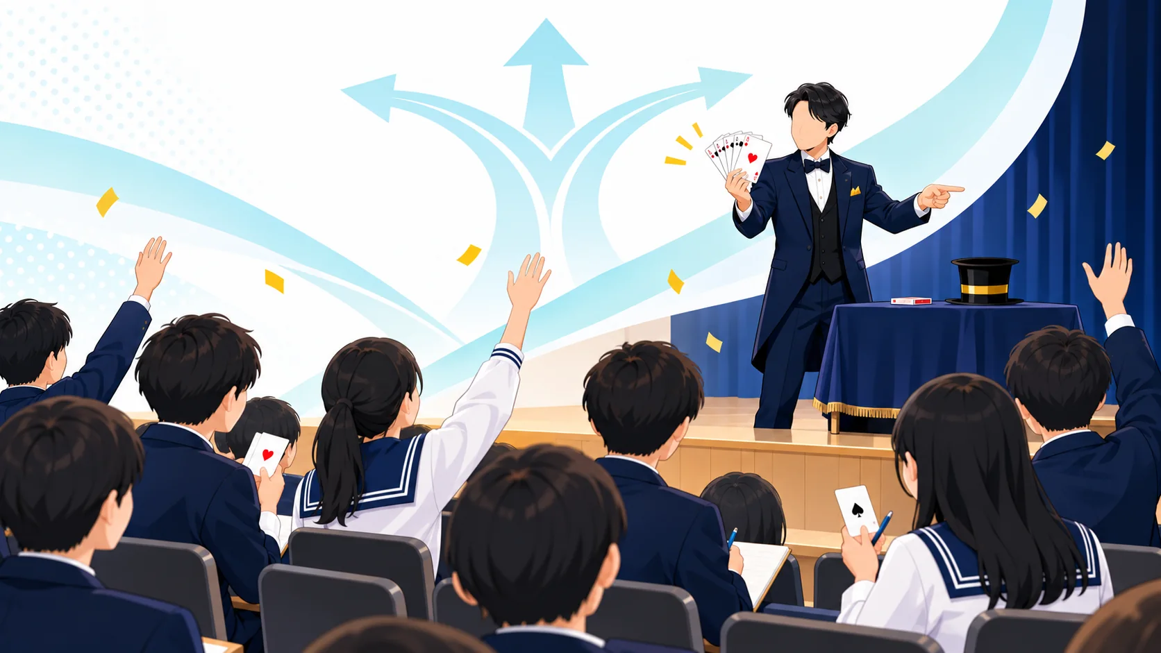 マジシャンの実演を見て考え、手を挙げる中高生のイラスト