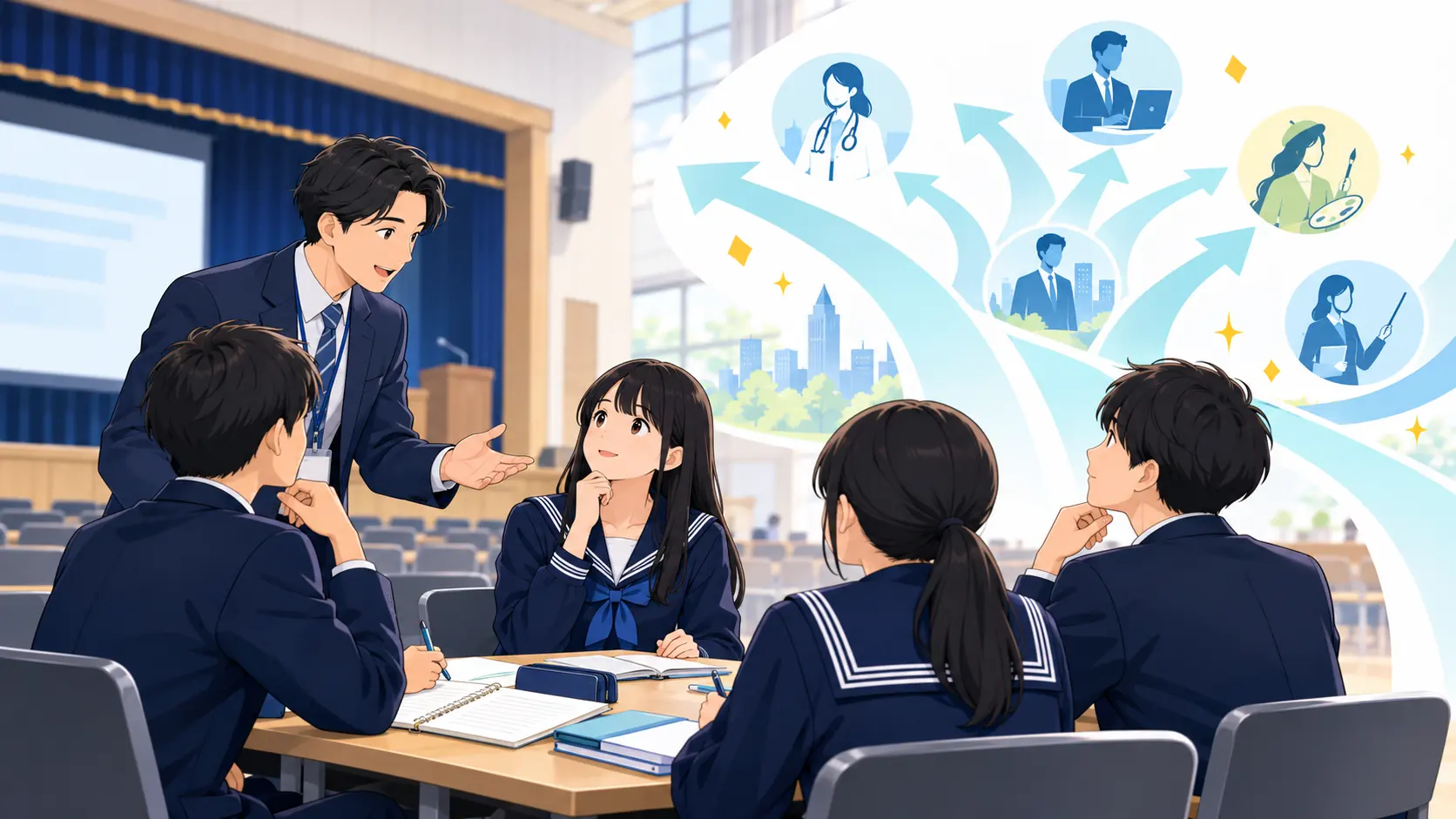 講演後に進路の選択肢や次の行動を話し合う生徒たちのイラスト