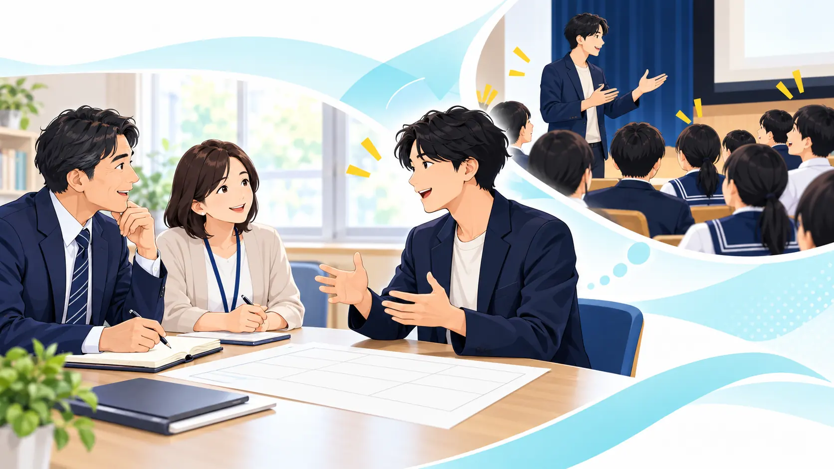 学校担当者が講師候補と講演内容や生徒との相性を相談するイラスト