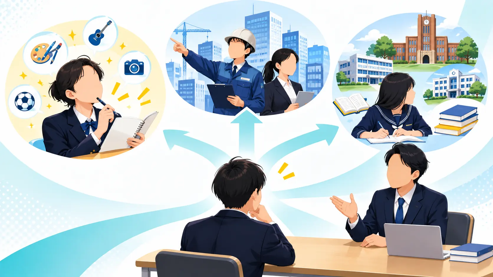興味を知る、仕事を知る、進学先を調べるという講演テーマの違いを示すイラスト